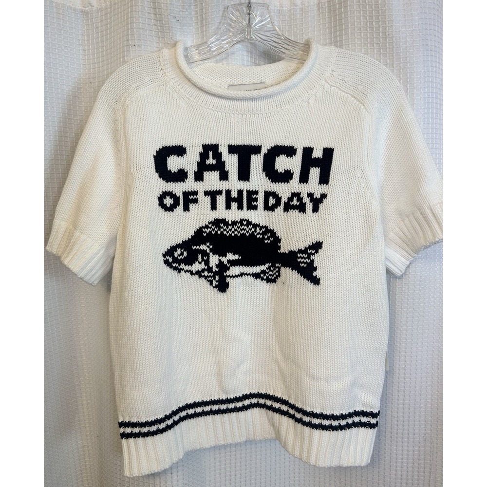 Womens White Mock Neck Catch Of The Day Fish Nautical Short Sleeve Sweater L